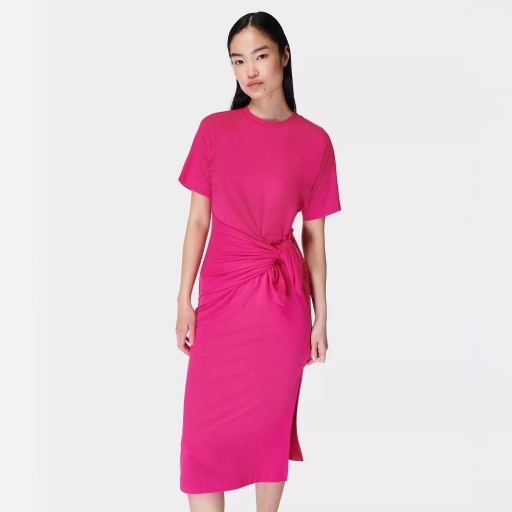EUC - Anthropologie Sweaty Betty Knot Front Midi Dress - Framboise Pink - Size 8